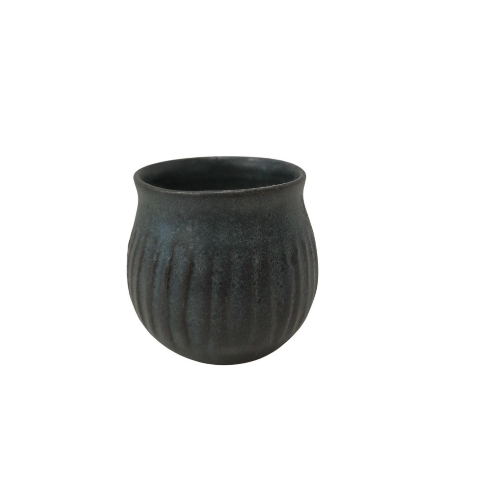 ASIAN Studio Pottery Hand Thrown Teal Blue Ribbed Ceramic Sake‎ Cup Vase Small